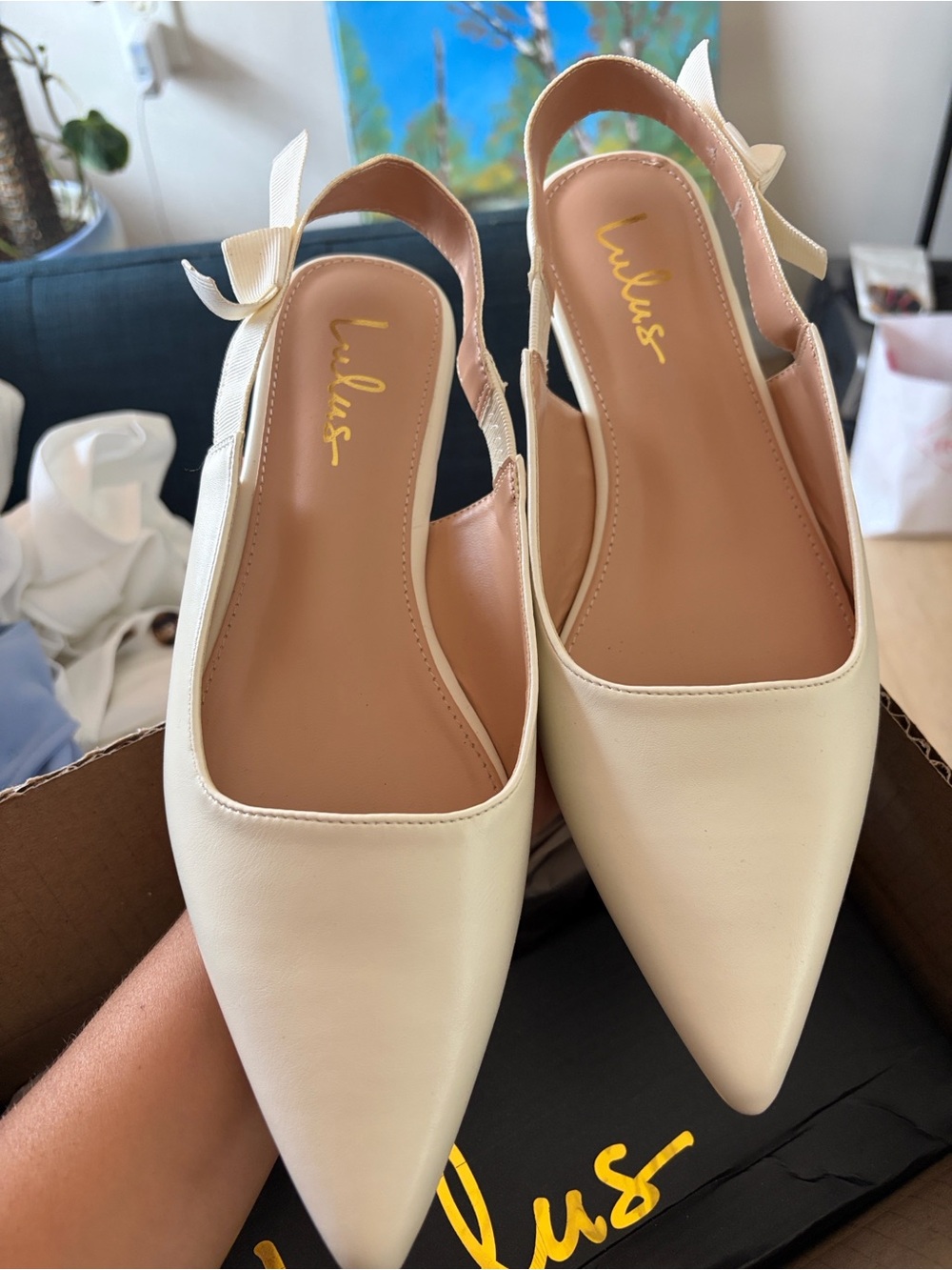 Lulu's Cream Pointed Slingback Flats with Bow Accent